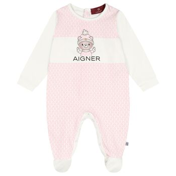 Baby Girls Ivory & Pink Teddy Bear Logo Babygrow