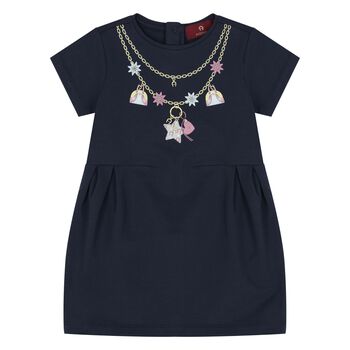 Younger Girls Navy Blue Necklace Logo Dress 
