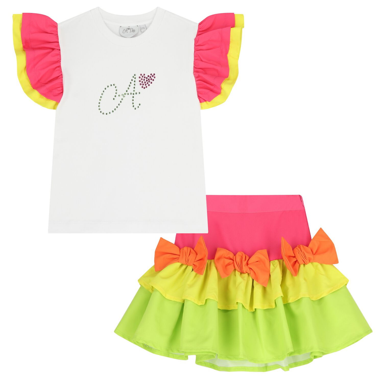 Girls Pink & Green Tiered Skirt Set, 1, hi-res