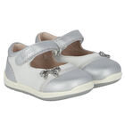 Younger Girls White & Silver Leather Shoes, 1, hi-res
