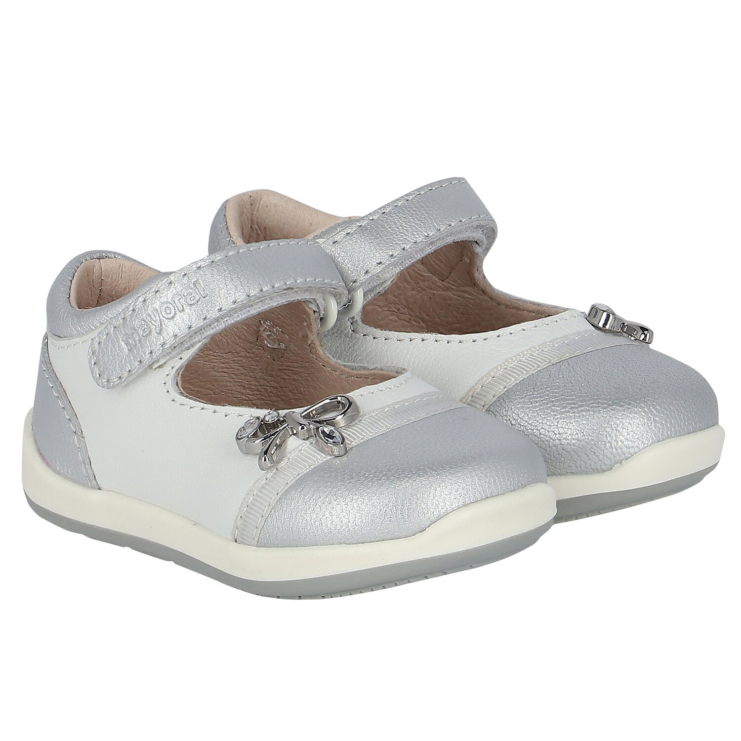 Younger Girls White & Silver Leather Shoes, 1, hi-res