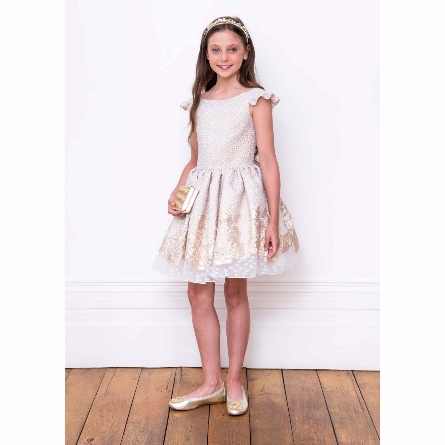 Girls Gold Special Occasion Dress, 1, hi-res