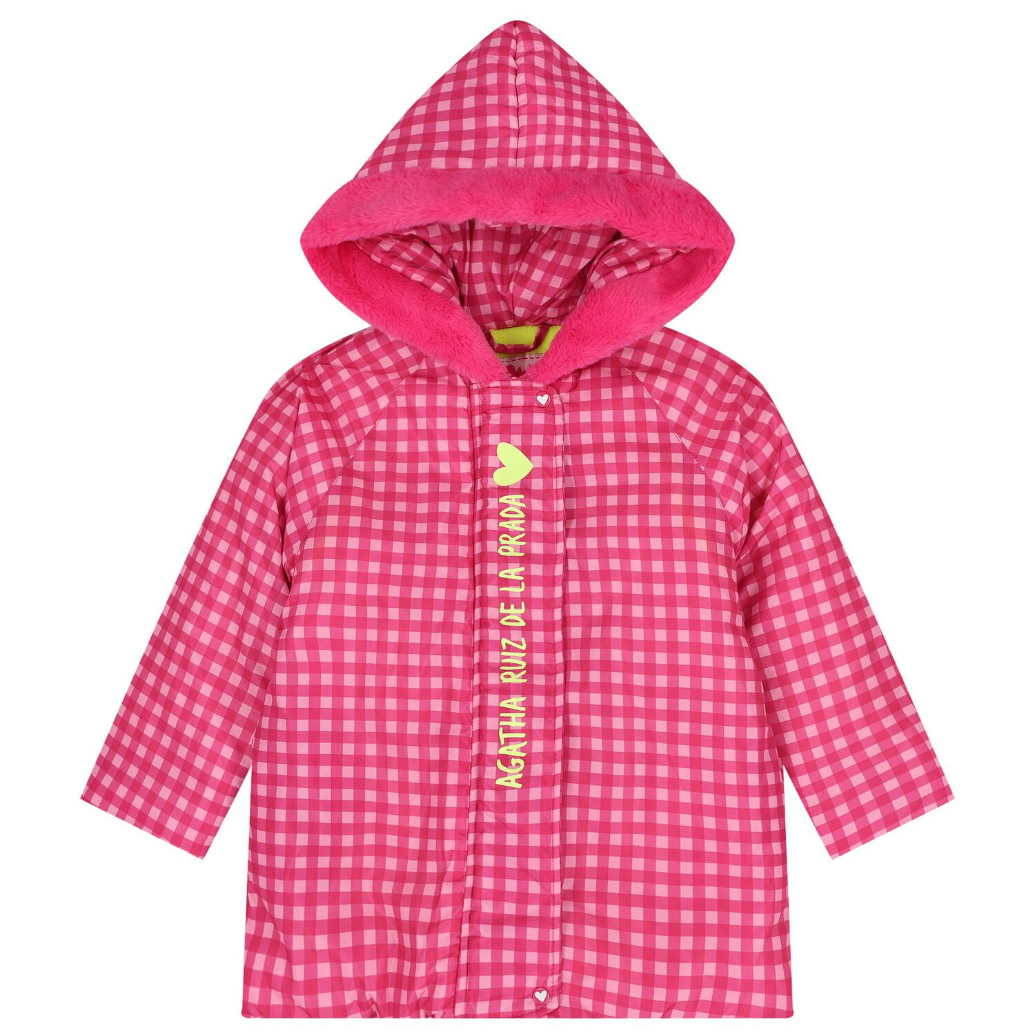Girls Pink Gingham Logo Hooded Puffer Coat, 1, hi-res