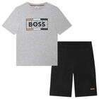 Boys Grey & Black Logo Shorts & T-Shirt Set, 1, hi-res
