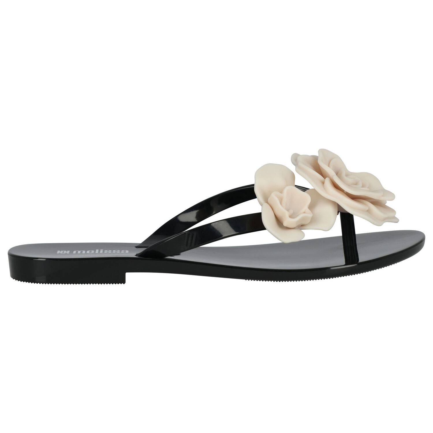 Girls Black & Beige Logo Flower Flip Flops, 2, hi-res