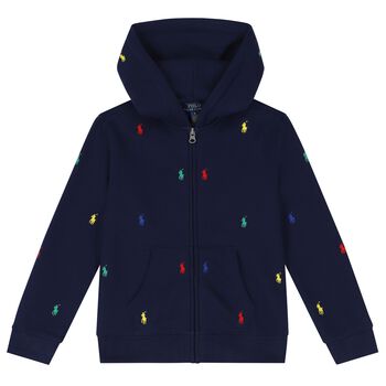 Boys Navy Blue Logo Hooded Zip Up Top