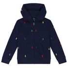 Boys Navy Blue Logo Hooded Zip Up Top, 1, hi-res