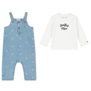 Baby Girls White & Blue Dungaree Set