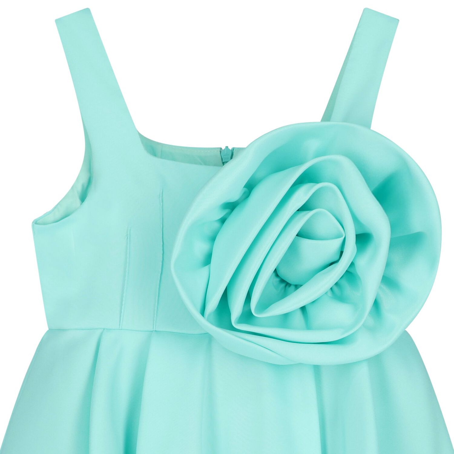 Girls Aqua Satin Floral Applique Dress, 1, hi-res