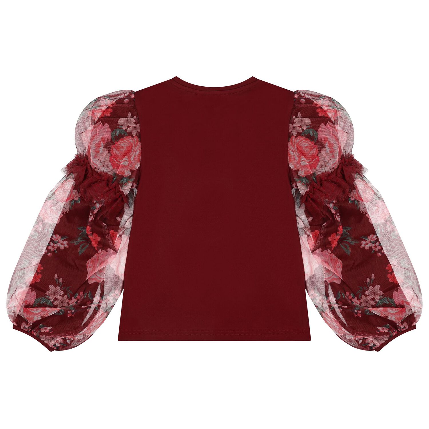Girls Burgundy Floral Tulle Lila Long Sleeve Top, 1, hi-res