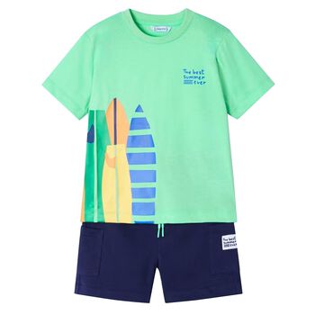 Boys Green & Navy Blue Surfing Board Shorts Set
