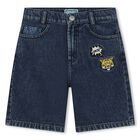 Boys Blue Tiger Logo Denim Shorts, 1, hi-res