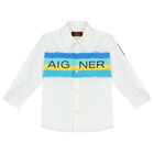 Younger Boys White Logo Striped Shirt, 1, hi-res