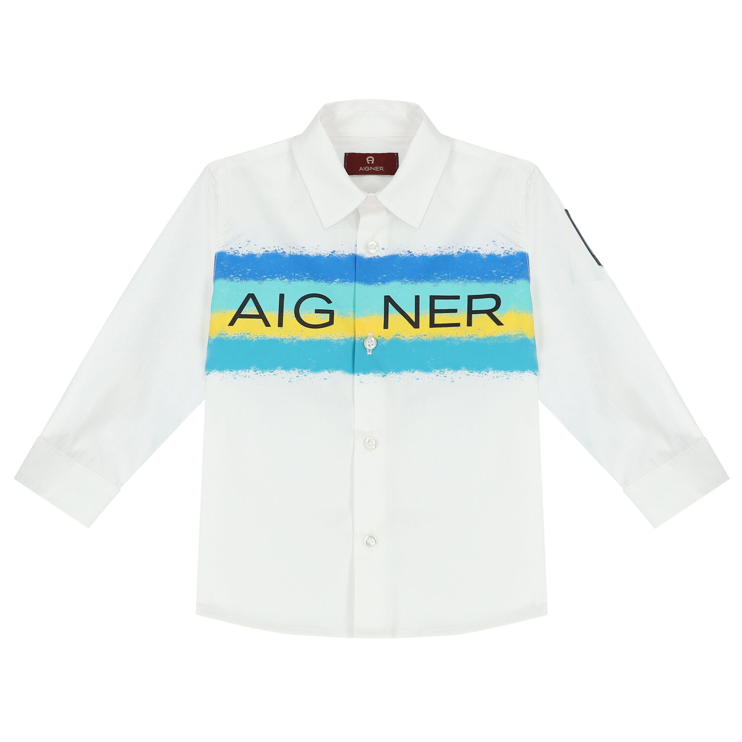 Younger Boys White Logo Striped Shirt, 1, hi-res