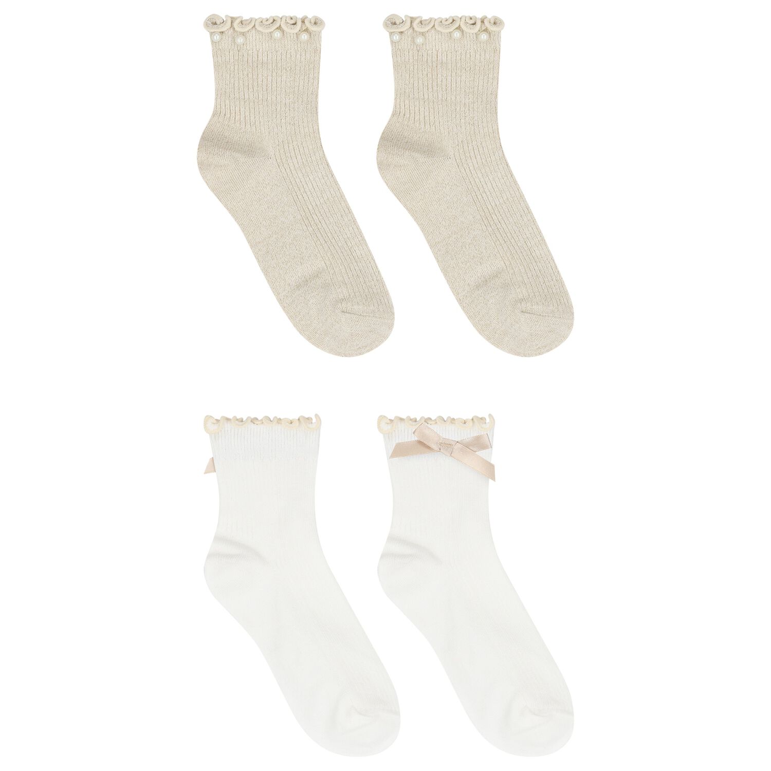 Girls White & Beige Bow & Pearl Socks ( 2-Pack ) , 2, hi-res