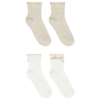 Girls White & Beige Bow & Pearl Socks ( 2-Pack ) 