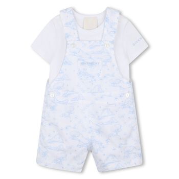 Baby Boys White & Blue Toile de Jouy Dungaree Set