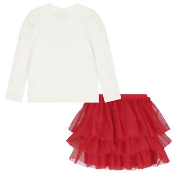 Girls White & Red Tulle Skirt Set