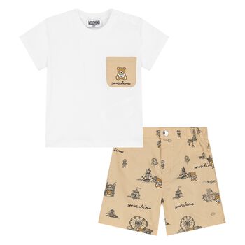 Younger Boys White & Beige Teddy Bear Logo Shorts Set