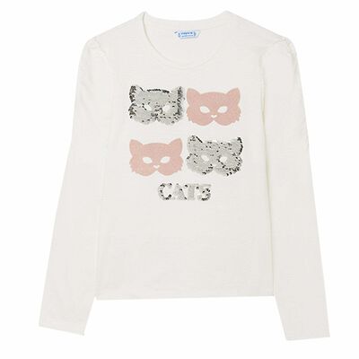 Girls Ivory Cats Long Sleeve Top