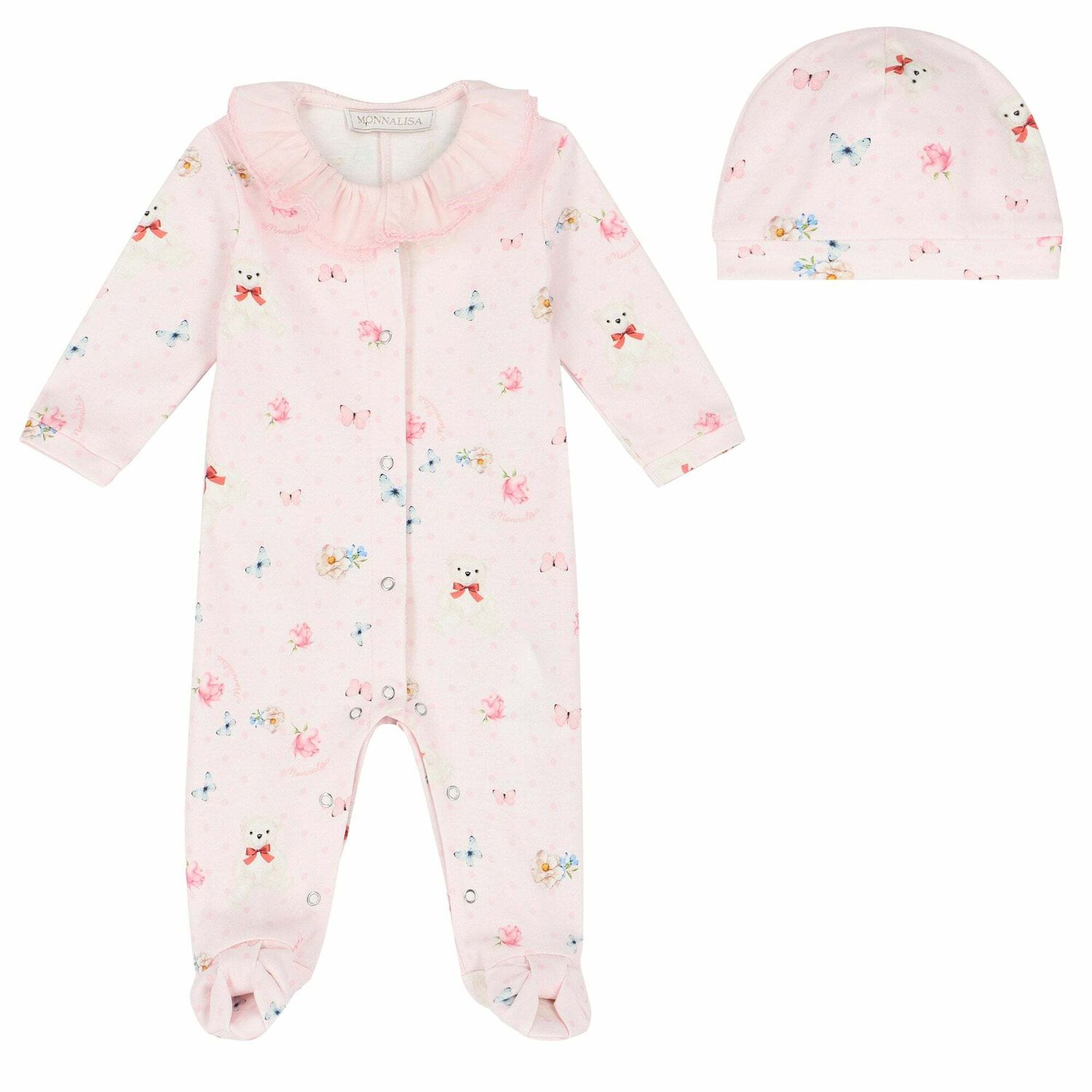 Baby Girls Pink Printed Babygrow & Hat Set, 1, hi-res