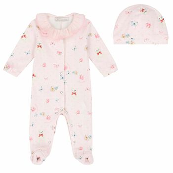 Baby Girls Pink Printed Babygrow & Hat Set