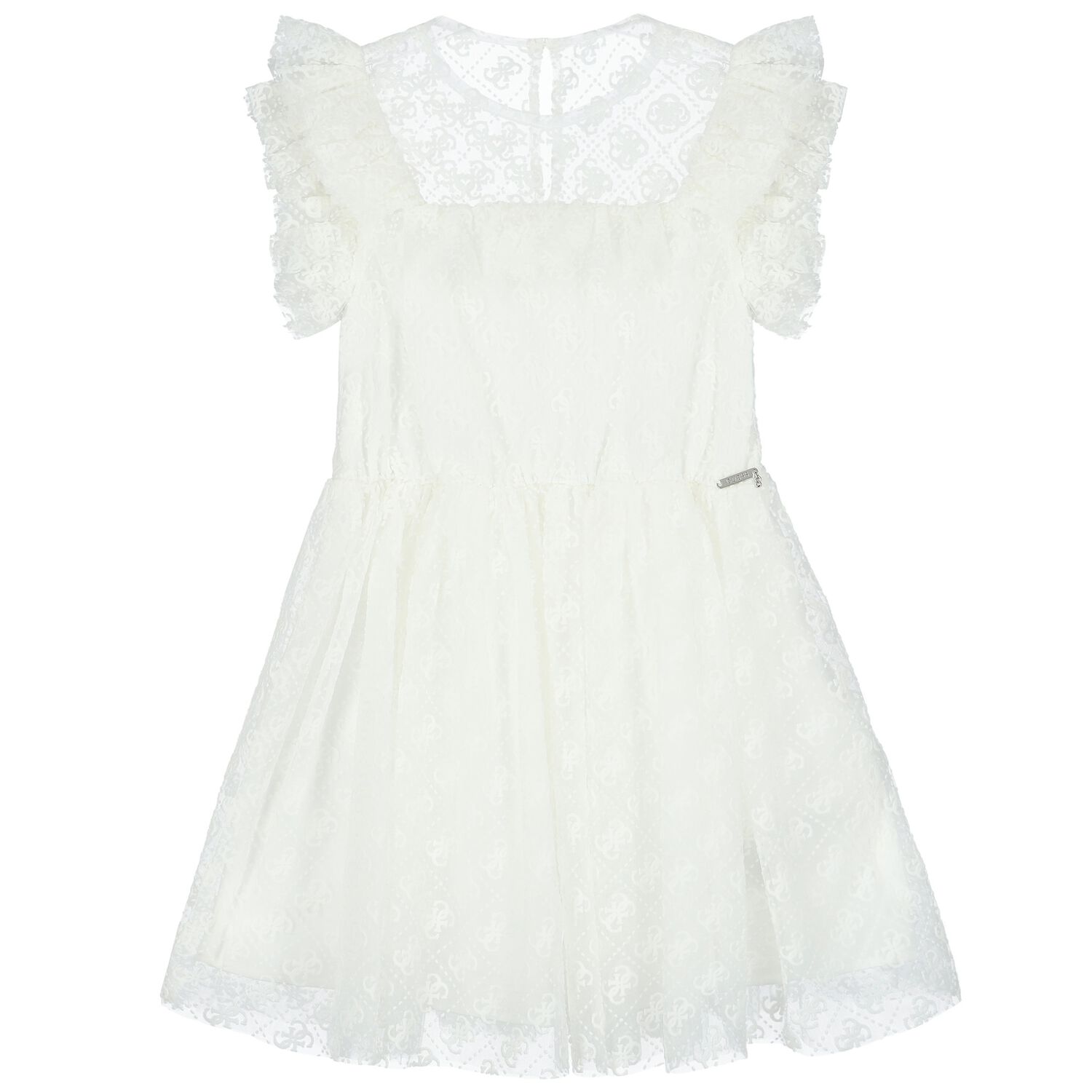 Girls Ivory Logo Ruffled Dress, 1, hi-res