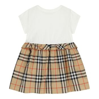 Baby Girls White & Beige Check Dress