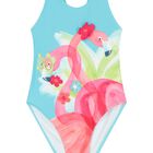 Girls Blue Flamingos Swimsuit, 1, hi-res