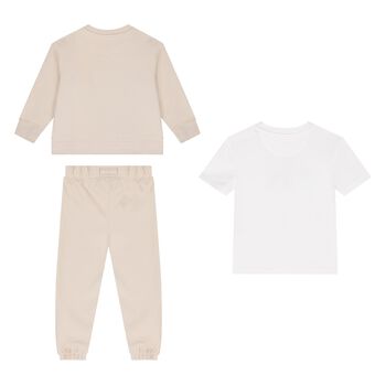 Baby Boys Beige & White Tracksuit 3-Piece Set