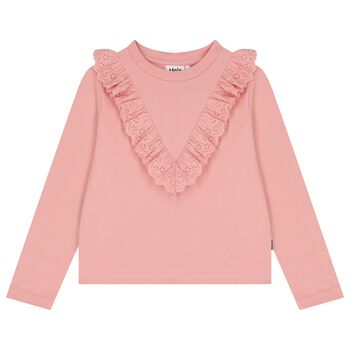 Girls Pink Broderie Ruffle Long Sleeve Top