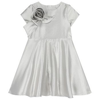 Girls Silver Rose Satin Dress