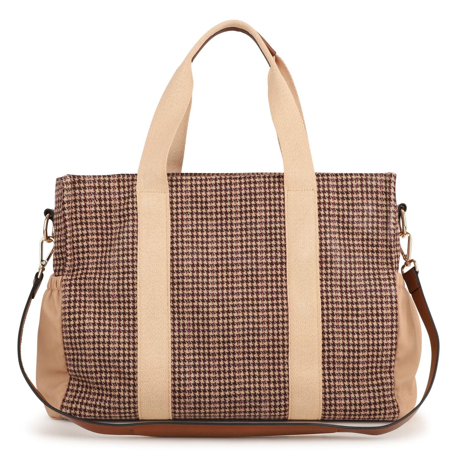 Beige Houndstooth Check Baby Changing Bag ( 41cm ), 1, hi-res