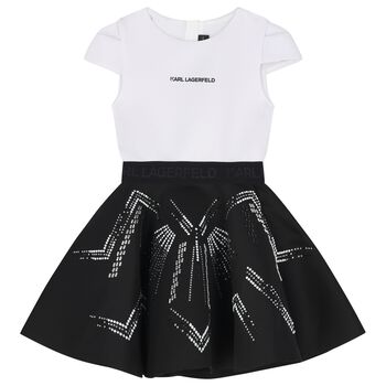 Girls White & Black Logo Dress