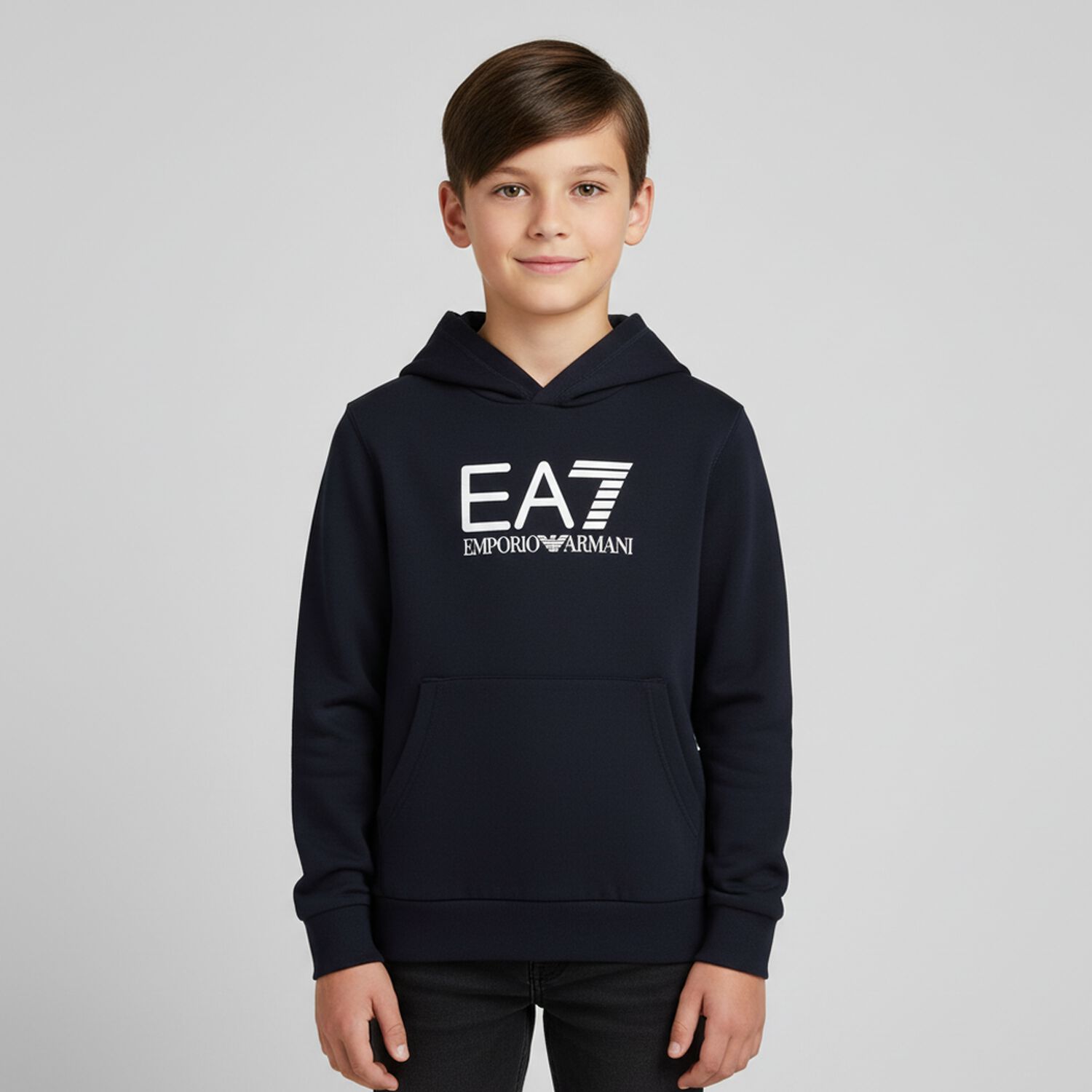 Boys Navy Blue Logo Hooded Top, 2, hi-res