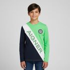 Boys Green & Navy Blue Logo Long Sleeve Top, 1, hi-res