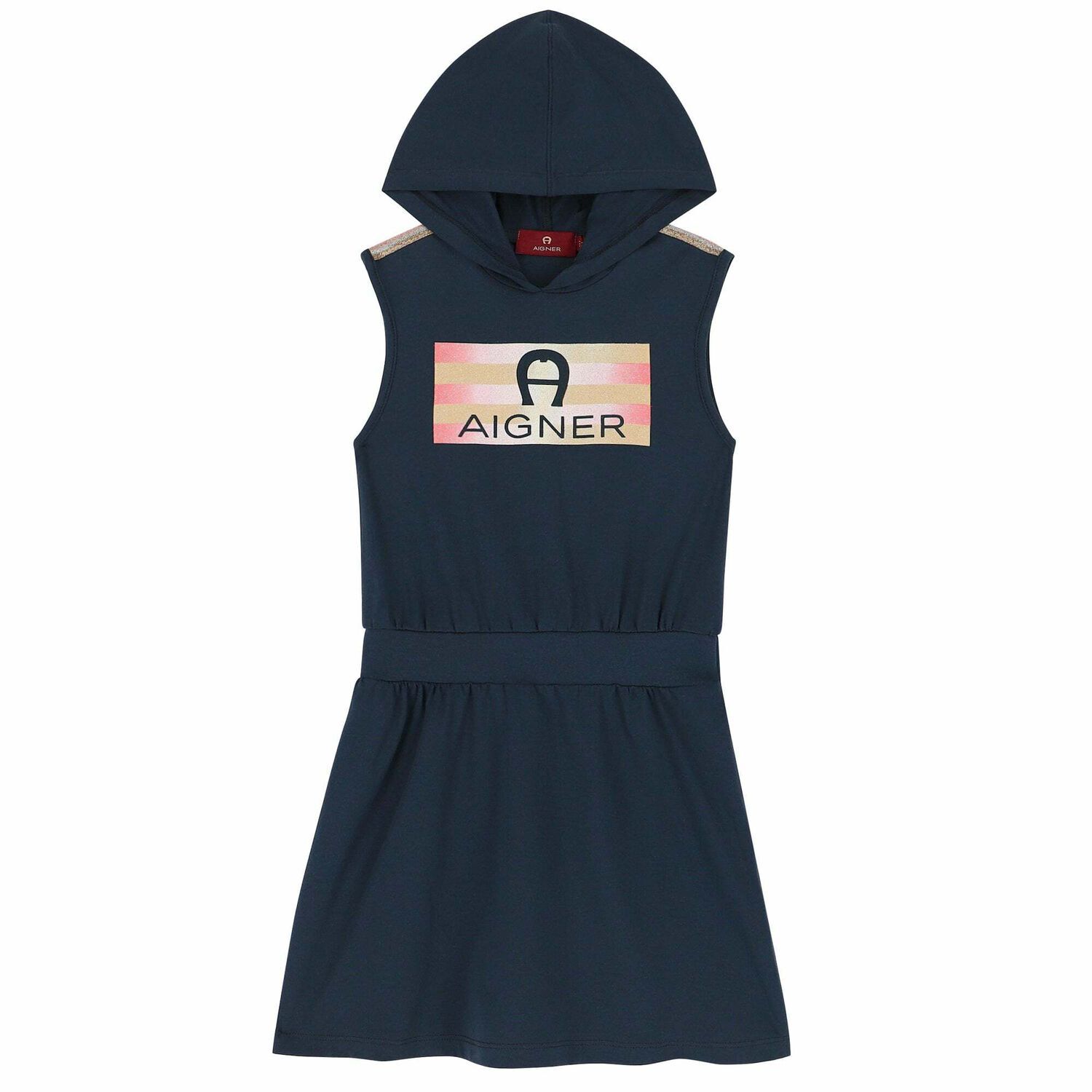 Girls Navy Hooded Logo Dress , 2, hi-res