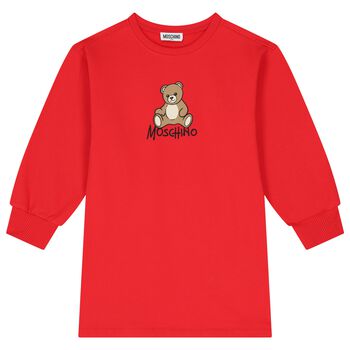 Girls Red Teddy Bear Logo Swearshirt Dress