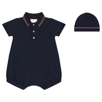 Baby Boys Navy Blue Web Stripe Romper & Hat Set