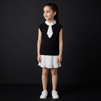 Girls Black & White Pleated Crepe Dress