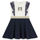 Girls Ivory & Navy Blue Ruffled Dress, 1, hi-res