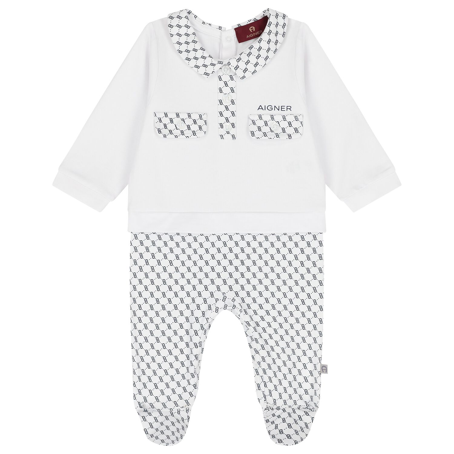 Baby Boys White & Navy Blue Logo Babygrow, 1, hi-res
