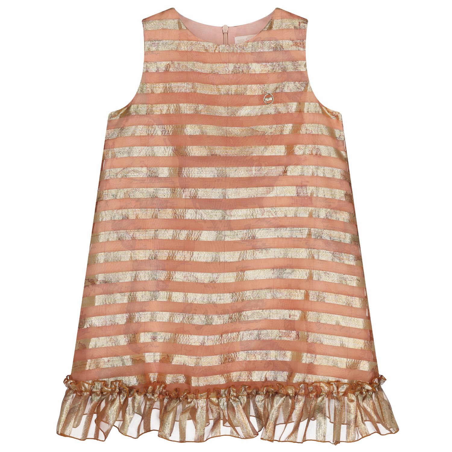 Girls Beige & Gold Striped Dress, 1, hi-res