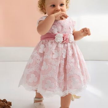 Younger Girls White & Pink Embroidered Organza Dress