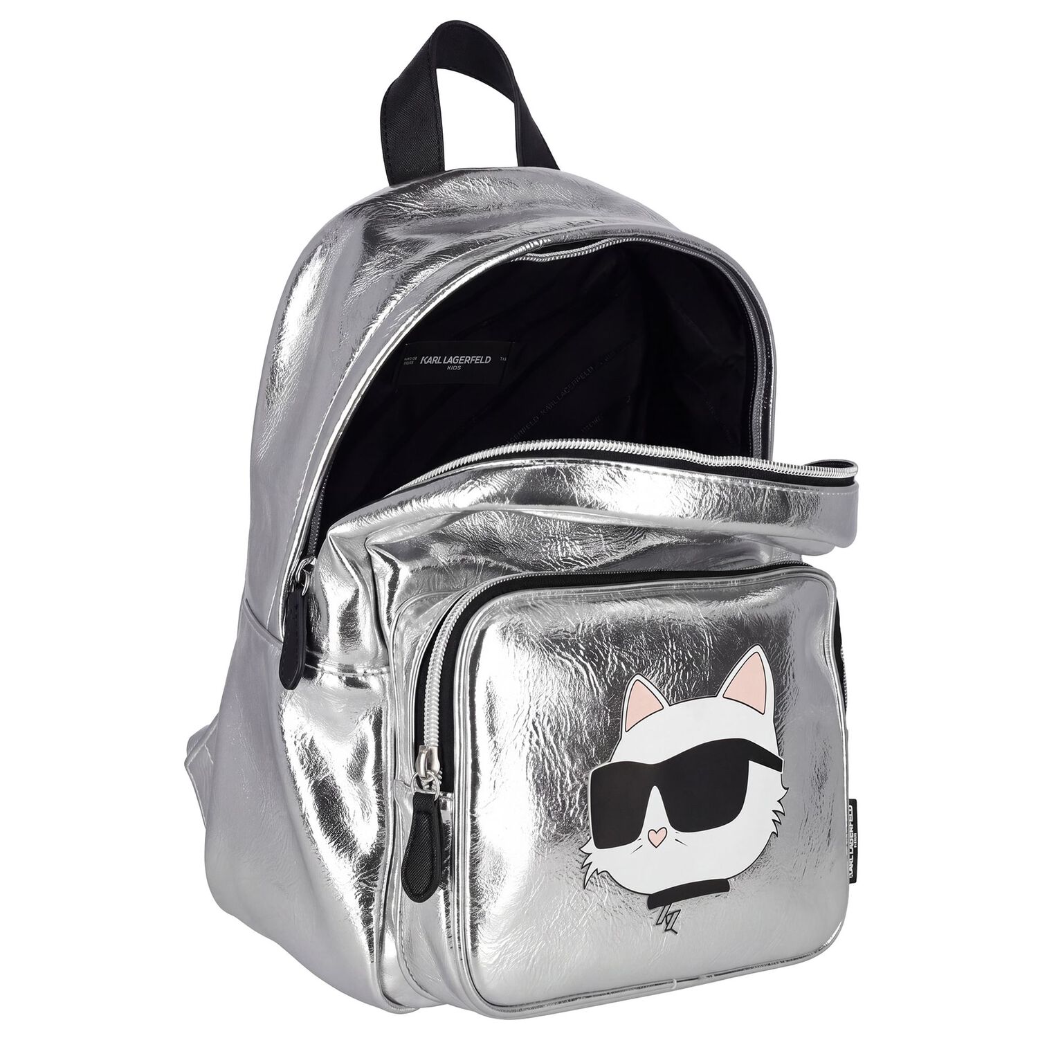 Girls Metallic Silver Logo Backpack, 1, hi-res