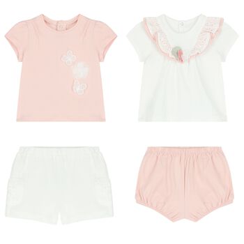 Baby Girls White & Pink Shorts Set (4 Piece)