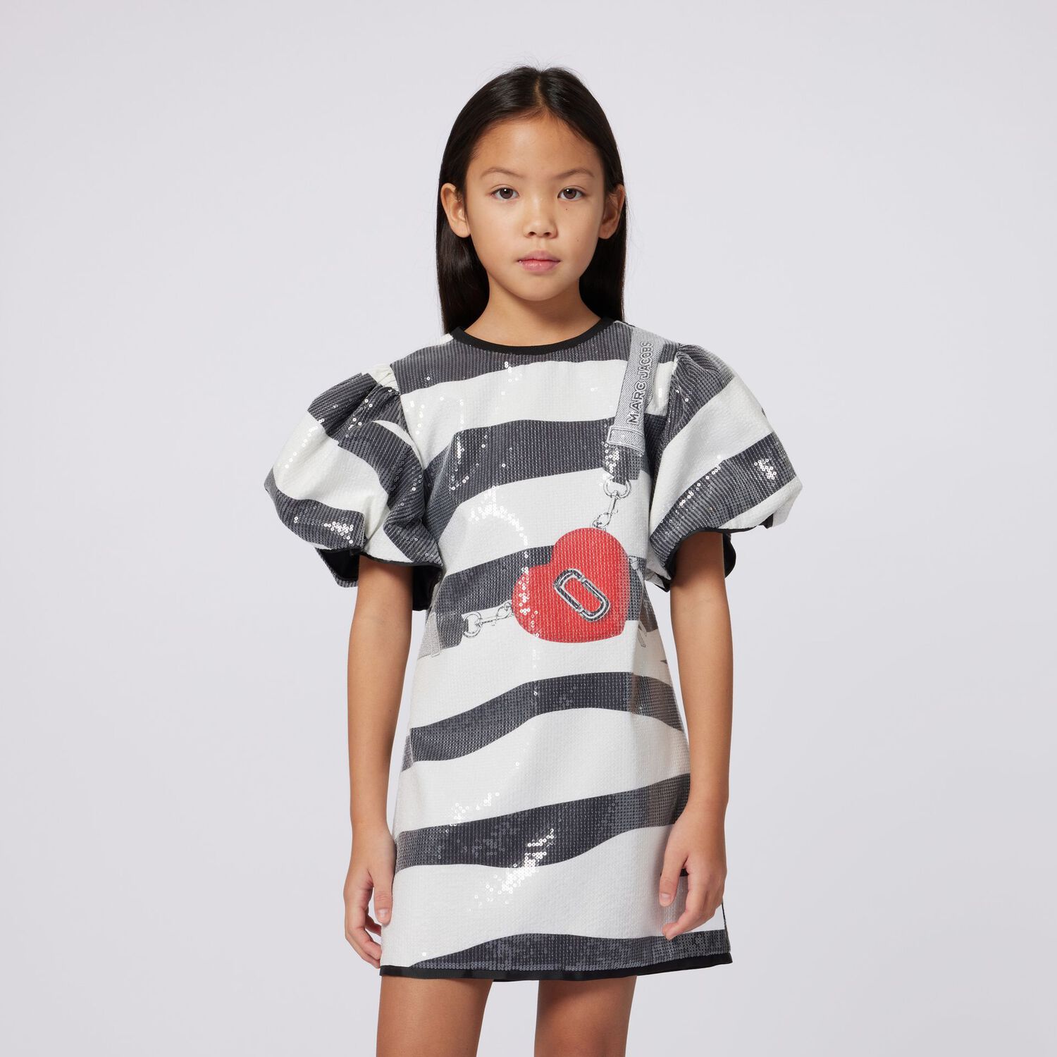 Girls Black & Ivory Zebra Sequin Dress, 1, hi-res