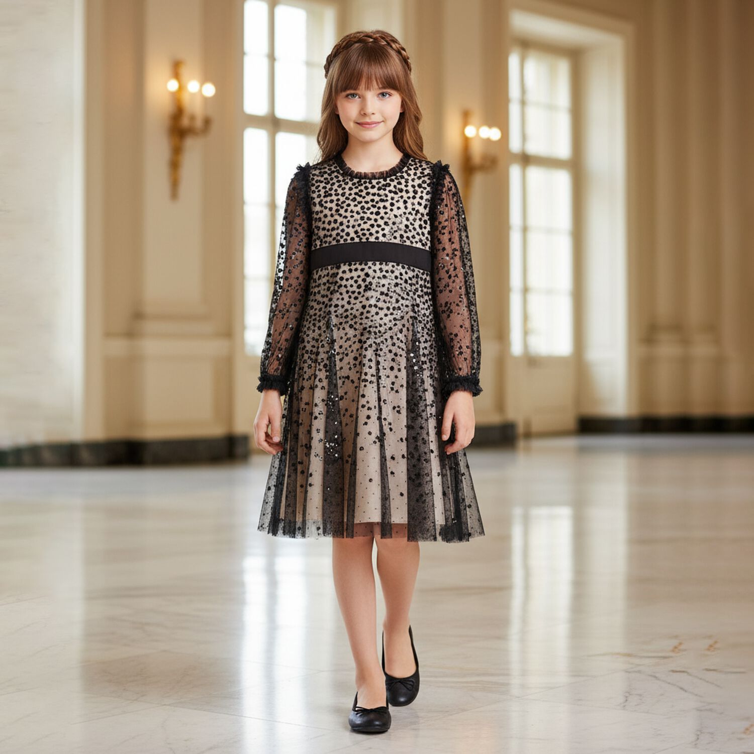 Girls Black Dappled Sequin Embellished Dress, 2, hi-res