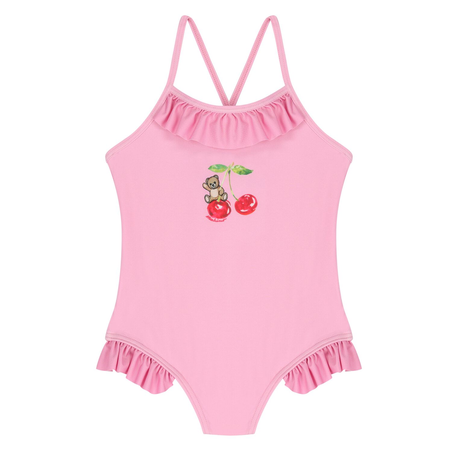 Younger Girls Pink Cherry & Teddy Bear Swimsuit, 1, hi-res