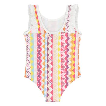 Younger Girls White & Pink Zig Zag Swimsuit